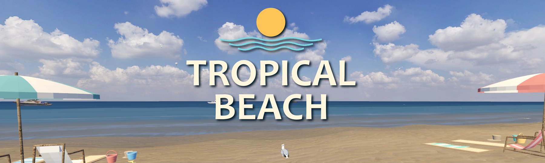 A sunny tropical beach with beach umbrellas, loungers and the sea